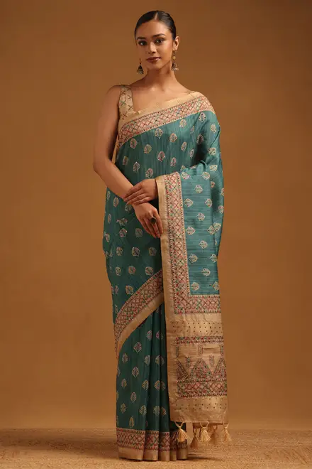 Teal Tussar Botanical Saree With French Knot Work